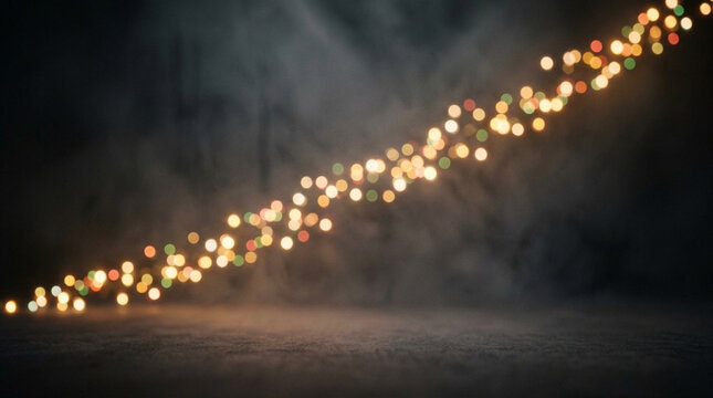 Cinematic bokeh string lights on dark stone floor, festive golden fairy lights background, moody atmospheric stage with glowing light orbs