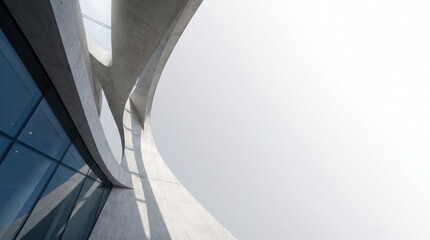 Fototapeta premium Modern architectural detail of a concrete building with curved structural elements and glass facade against a bright sky