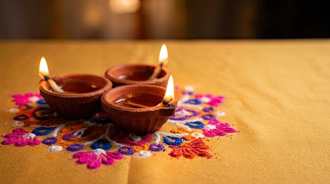 Traditional clay oil lamps glowing on a colorful rangoli pattern for the beautiful hindu festival of diwali celebration
