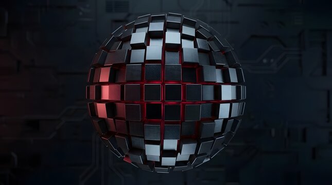 Abstract 3D sci-fi sphere made of metallic cubes with glowing red light cracks on dark technical background