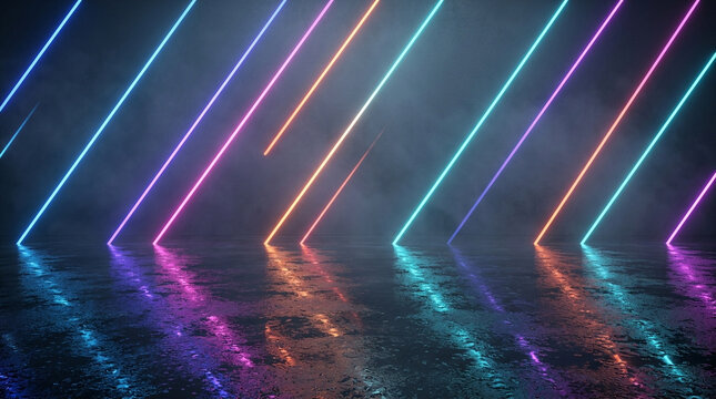 Futuristic neon light background, glowing diagonal laser lines on wet floor, cyberpunk synthwave aesthetic for stage or gaming