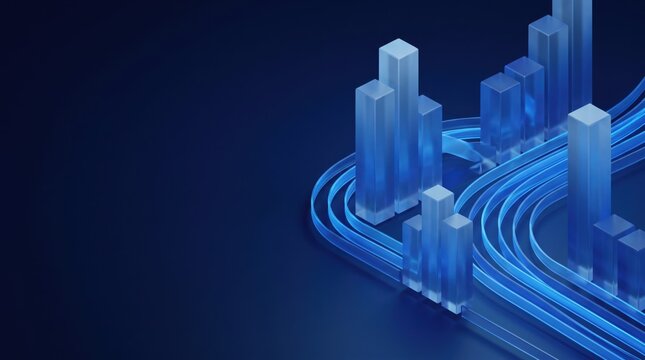Abstract 3d rendering of blue glass bar charts and glowing data streams representing financial growth, digital connectivity, and business analytics on a dark background