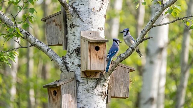 Two Blue Jays Perched on a Birch Tree Near Wooden Birdhouses in a Sunny Forest Landscape