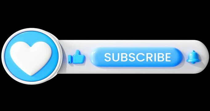 3D white and blue YouTube subscribe button lower third animation on black background. Dynamic call to action banner with like, notification bell and heart icon for vlogs and content creators