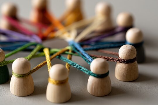 Wooden figures connected by colorful threads in a circular network with central open space