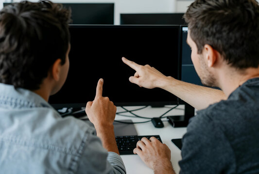 Two men pointing at a blank computer screen, collaboration and teamwork in a modern office environment, software development and IT support