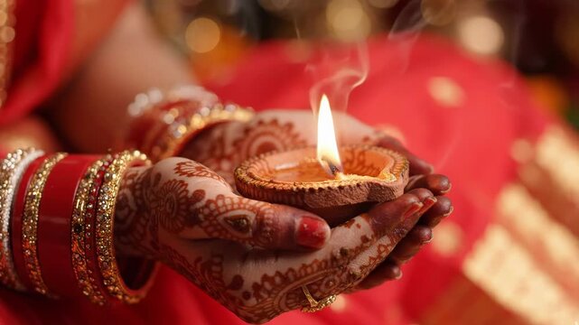 Closeup of hands holding a traditional clay diya lamp during diwali festival