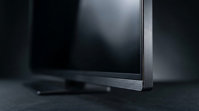Close up of modern black smart television screen with brushed metal frame on dark background