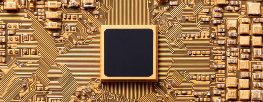 Central Processing Unit Chip Mounted on Golden Printed Circuit Board with Intricate Electronic Pathways Representing Advanced Computing Technology