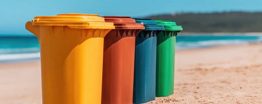 Colorful plastic recycling bins standing on sandy beach with ocean background representing environmental conservation coastal waste management
