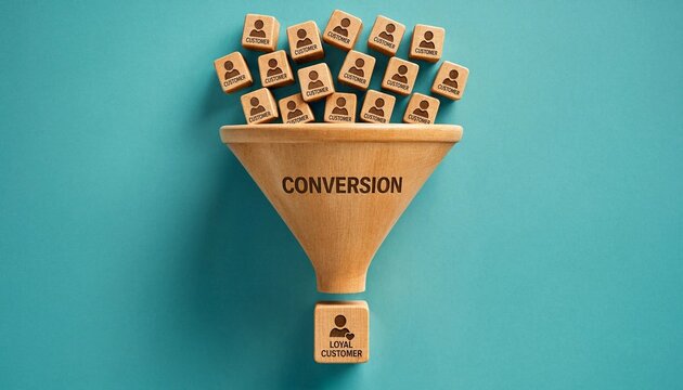 Wooden funnel illustration showing customer conversion process with blocks representing potential customers funneling to loyal customer