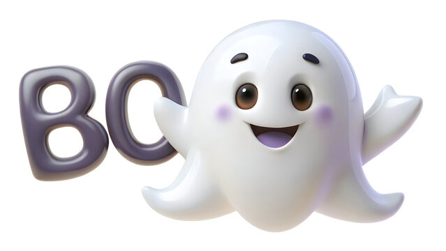 Cute cartoon ghost character waving hello with the word boo written in 3d bubble letters on white background