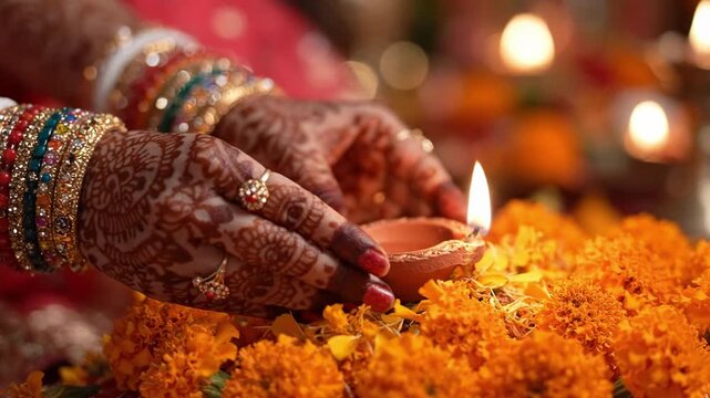 Closeup of hands with intricate henna patterns holding a lit diya lamp over marigold flowers for diwali