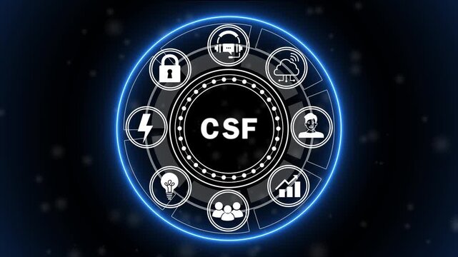 Futuristic CSF Cybersecurity Framework Interface Animation with Risk Management, Data Protection and Security HUD