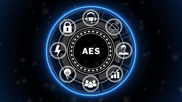 Futuristic AES Encryption Interface Animation with Advanced Data Security, Cryptography and Cybersecurity HUD