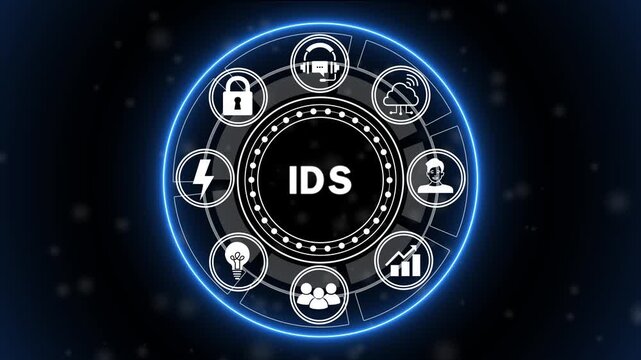 Futuristic IDS Cybersecurity Interface Animation with Intrusion Detection, Network Threat Monitoring and Digital Security HUD