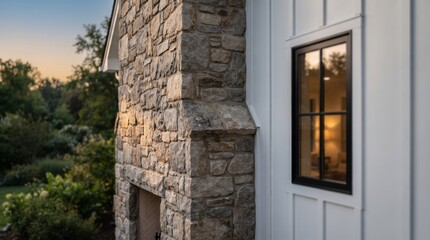 Fototapeta premium Macro photograph highlighting the textured natural stone chimney and black-framed window of a modern farmhouse home during evening blue hour.