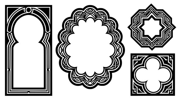 Bold Moorish geometric frames vector collection featuring antique Moroccan arch borders and traditional Islamic tile outline shapes for graphic greeting card layouts