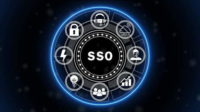Futuristic SSO Cybersecurity Interface Animation with Single Sign-On, Identity Authentication and Secure Access Management HUD