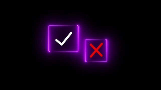 Neon glowing Select the check mark on a laptop. Check right and wrong marks. Concept decide to choose vote. Yes or no decisions, and business options for difficult situations in dilemma.4k