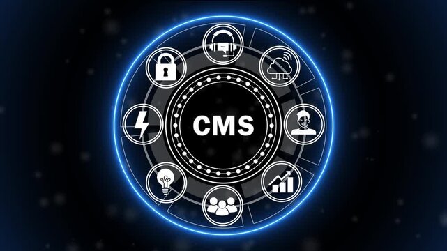 Futuristic CMS Content Management System Interface Animation with Digital Publishing, Website Management and Smart Technology HUD