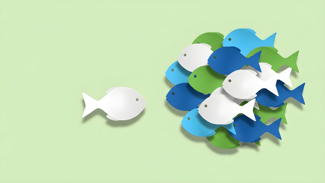 Conceptual depiction of a solitary white fish swimming away from a dense school representing individual choice and standing out from the crowd