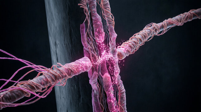Synapse neurotransmitter biology, cyber biological synaptic cleft with magenta digital signals bridging a microscopic gap in a high tech environment