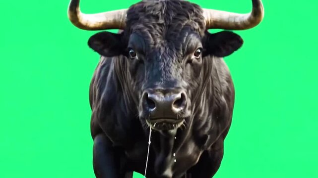 Powerful charging black bull running through dust on green screen background.