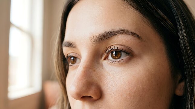 Close up of beautiful brown eyes and natural skin of a young woman, featuring detailed brown eyes with long eyelashes and expressive brown eyes looking away in natural light.
