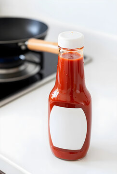 Red tomato ketchup bottle with a blank white label on a kitchen counter next to a cooking pan, a cooking pan is visible in the blurred background, a meal preparation setting