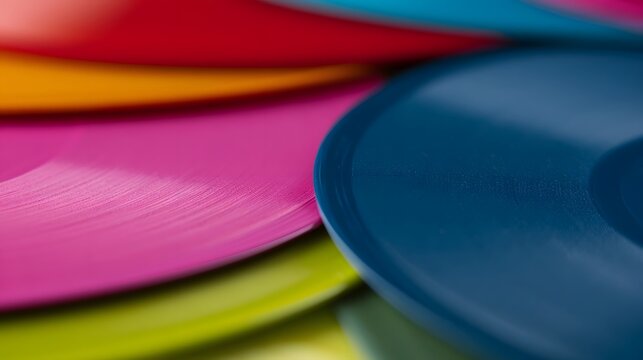 Close up of colorful vinyl records stacked together showing vibrant hues and smooth surfaces under soft lighting
