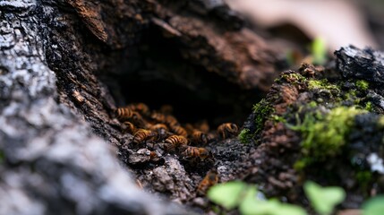 Fototapeta premium A cluster of bees gathers at the entrance of a hollow tree trunk surrounded by moss and textured bark under natural light