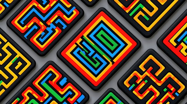 Repeating 3d square maze pattern with colorful interlocking lines on black border against light grey background showing geometric abstract decorative design