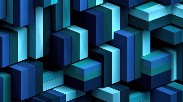 Abstract 3d geometric pattern of interlocking blue rectangular blocks in various blue tones shows modern textured decorative background design