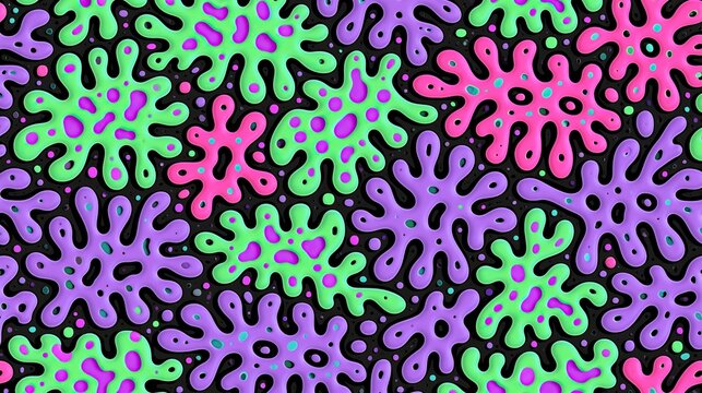 Playful repeating abstract pattern of irregular organic amoeba shaped blobs in bright green pink and purple against solid black background for fun modern decorative design