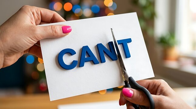 Hands using scissors to cut the word cant on a white card to transform it into can, expressing personal growth and removing obstacles, self improvement
