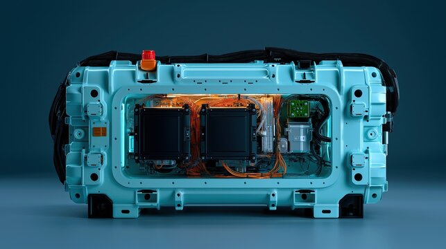 Modern high performance supercomputer hardware unit with exposed dual processors and orange internal wiring on plain dark blue background showing advanced computing technology