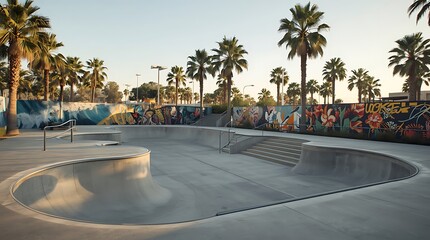 Fototapeta premium Cinematic Luxury Skatepark Surrounded by Palm Trees and Colorful Coastal Murals