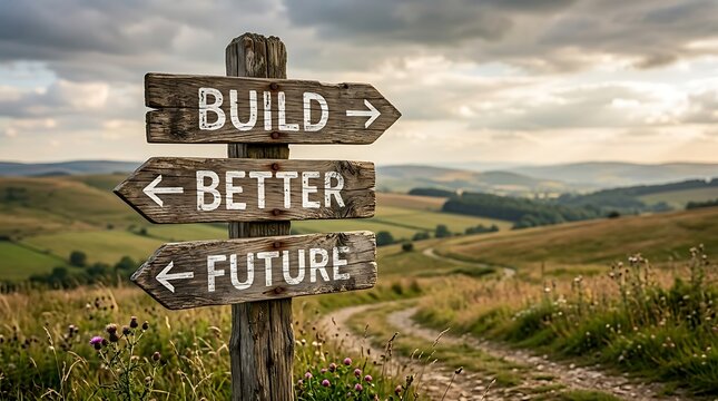 Wooden directional signpost in rural landscape with text build better future signpost direction landscape progress strategy adventure aspirations
