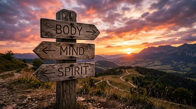 Wooden directional signpost labeled body mind spirit standing on a hill during a sunset signpost direction landscape wellness holistic