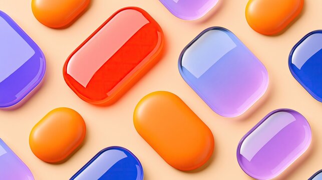 Repeating arrangement of glossy transparent rounded rectangle shapes in warm orange and soft purple on light peach background creates modern colorful abstract decorative pattern