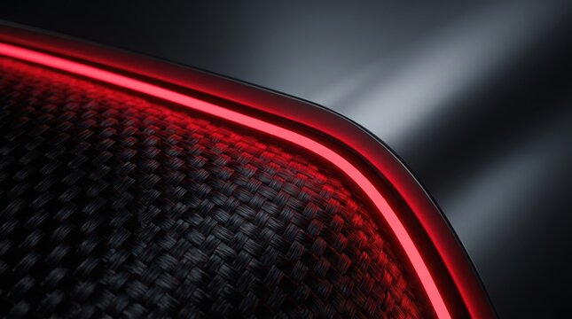 Abstract closeup of a carbon fiber surface with a glowing red neon light strip accentuating the curved edge of the material