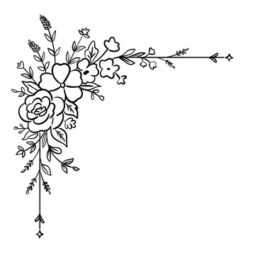 Cute hand-drawn vintage floral corner border with blooming roses and wild flowers, line art decorative corner element clipart PNG
