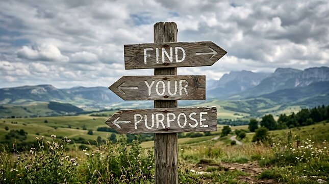 Find your purpose wooden signpost in a mountain landscape with signpost motivation inspiration landscape mountain direction decision outdoors