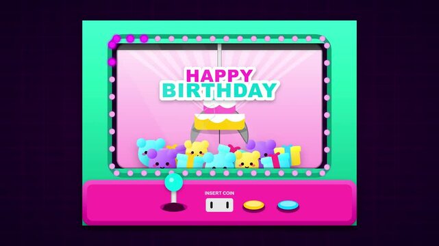 Happy Birthday Claw Machine with Gifts and Cake, Festive Celebration Graphic