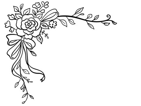Cute hand-drawn vintage floral corner border with rose and bow, line art decorative corner element clipart PNG