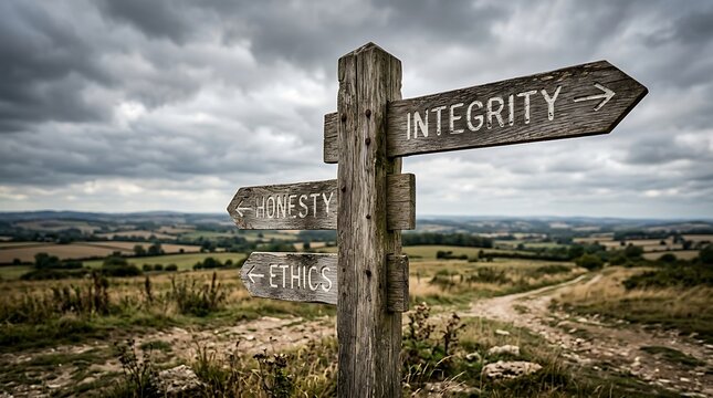 Weathered wooden signpost with the word integrity written on the top board standing against a dramatic cloudy sky over rural landscape, integrity
