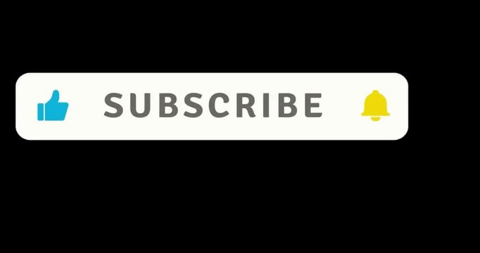 Dynamic YouTube Subscribe button animation with hand cursor click, thumbs up, and notification bell on black background. Clean social media call to action overlay for vlogs