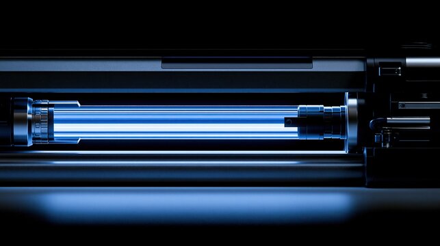 Long glowing blue cylindrical tube clamped inside dark metallic industrial machine housing creates cool futuristic technical lighting with dark contrast background