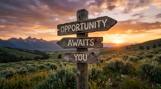 Rustic wooden signpost with opportunity awaits you text on a scenic mountain landscape signpost opportunity direction mountain motivation progress